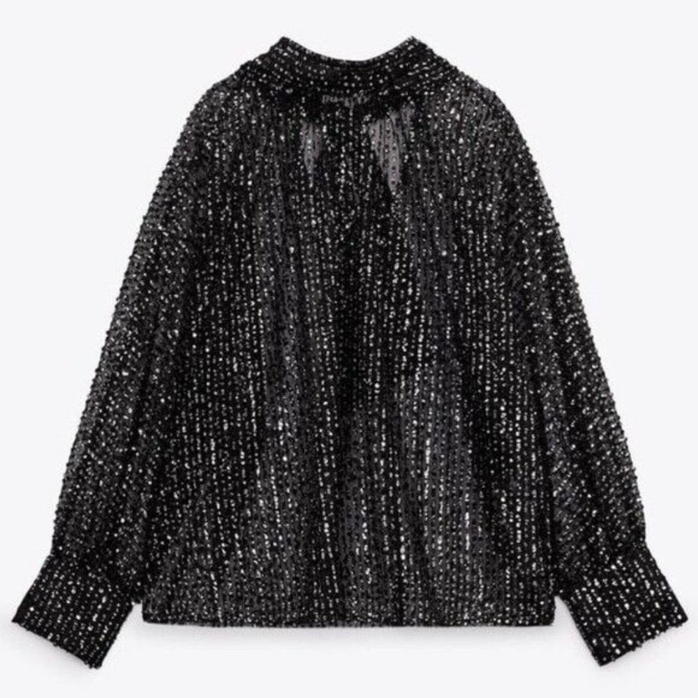 Zara Tied Collar Sequin Blouse